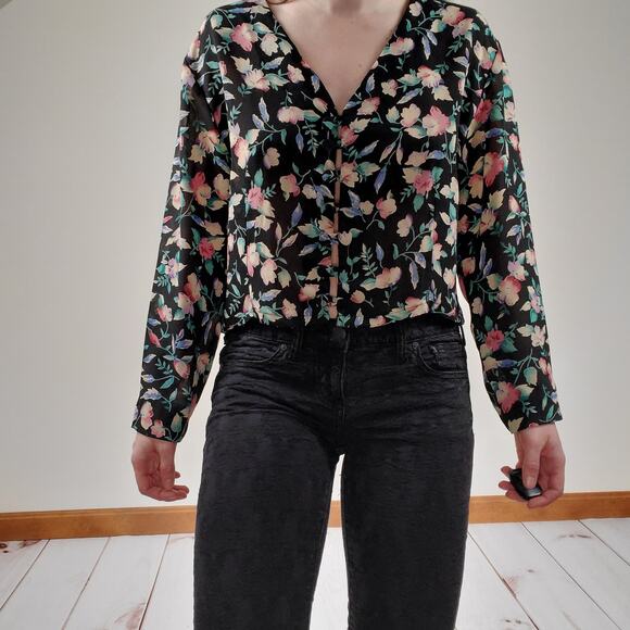 Vintage 80s 90s Floral Blouse Black Large - Picture 4 of 11